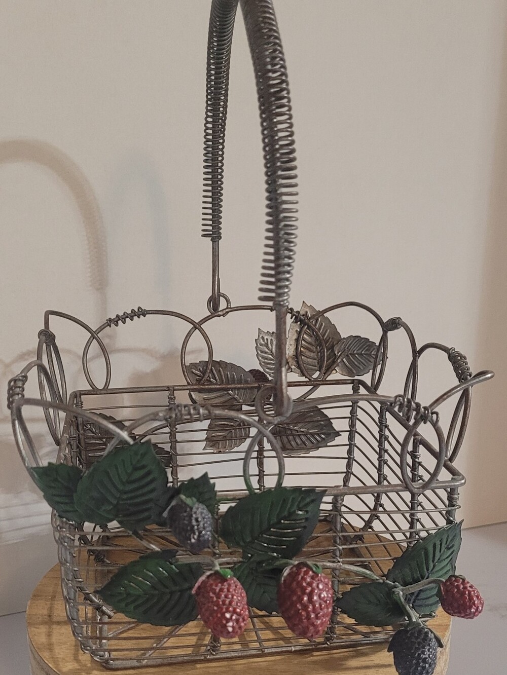 Decorative Metal Berry Basket with Green Leaves - Rustic Home Accent